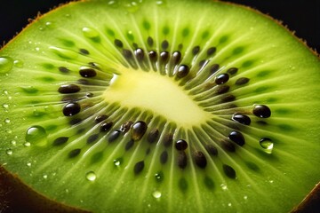 Kiwi fruit with water drops on black background, close up