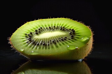 Kiwi fruit on a black background with water drops and reflection