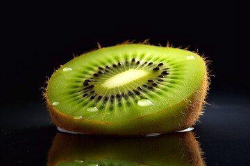 Kiwi fruit on a black background with reflection and water drops