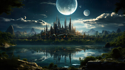 Futuristic City Surrounded by Trees and a River. Generative Ai