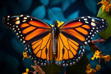 Photo of the vibrant colors of a monarch butterfly. Generative AI