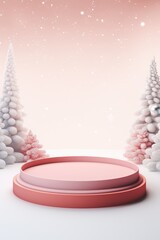 Merry Christmas banner with stage product display cylindrical shape and festive decoration for Christmas, snow background, promotion display, 3D rendering product display platform.