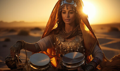 Beautiful arabic woman with ancient music instruments, amazing sunset background - obrazy, fototapety, plakaty