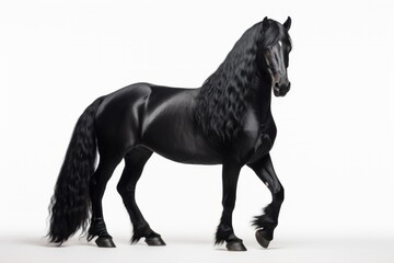 a proud, shiny black horse with a magnificent mane and tail poses sideways against a white background