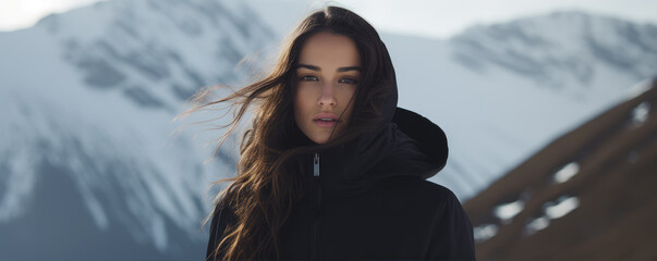 Beautiful young woman in black hoodie in mountains. Amazing snowy mountains, winter landscape