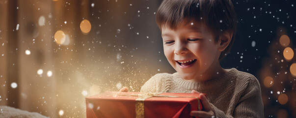 Happy and surprised boy while opening christmas present with amazing background. Christmas time...
