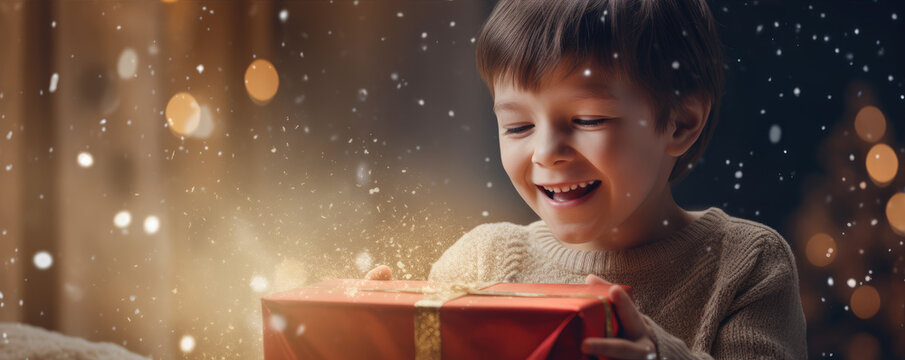 Happy And Surprised Boy While Opening Christmas Present With Amazing Background. Christmas Time Concept.