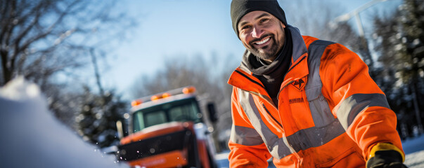 A portrait of a Road worker, winter maintenance worker. Orange safety reflect suit.