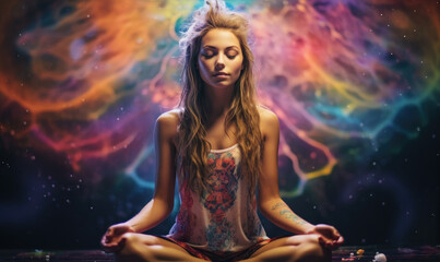 Spiritual woman is meditating in lotus pose in amazing colorful psychedelic background.