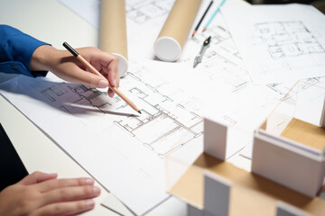 Architecture drawing on architectural Creative project business architecture building construction&nbsp;Industrial engineering Achievement Planning Design on blueprint eco
