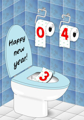 Conceptual and humorous illustration of the new year 2024 with a toilet