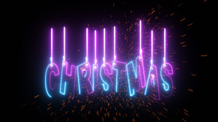 Christmas greetings in neon script over a computer-generated, three-dimensional background for a happy holiday scene.