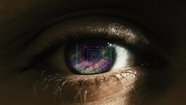 Macro shot of eyes with Neon Light tunnel reflection. Party VJ concept