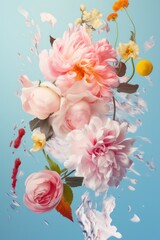 A gentle mix of peonies and dynamic milk splashes on a blue and peach gradient background