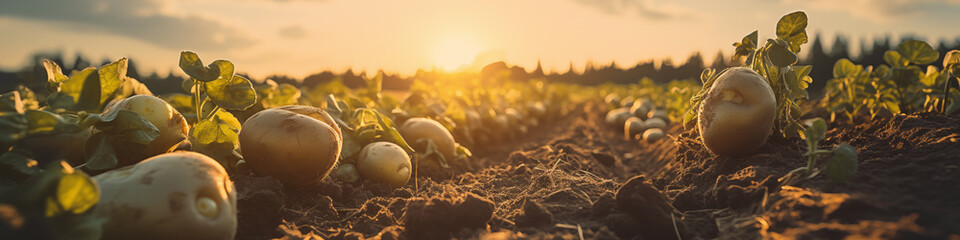 sunset over a potato field - obrazy, fototapety, plakaty
