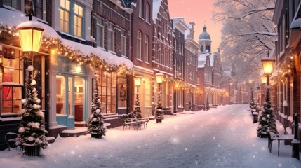 Fototapeta na wymiar Snowy evening on an enchanting street with festive holiday lights and a magical, warm glow