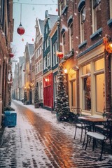 Fototapeta na wymiar Festive ambiance as snow falls on a quaint european street adorned with christmas decorations at dusk