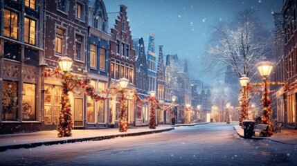 European town shimmering in the night, lit by street lamps and festive christmas decorations