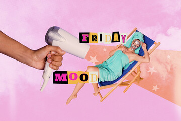 Creative poster collage of beautiful female enjoy friday mood relaxation spa salon lying sunbed...