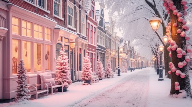 A tranquil winter evening on a snow-laden street lined with historic houses and decorated trees
