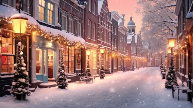 Snowy evening on an enchanting street with festive holiday lights and a magical, warm glow