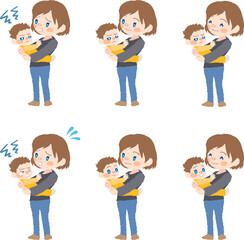 お母さんと抱っこされた赤ちゃんのイラストセット