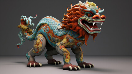 Vibrant Chinese lion statue in dynamic pose