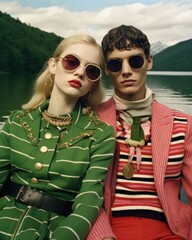Fashion portrait of a stylish couple in coordinated vintage outfits by a serene mountain lake panorama