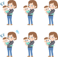 お母さんと抱っこされた赤ちゃんのイラストセット