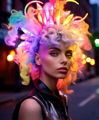 Obraz na płótnie Canvas An eye-catching portrait features a woman with a vivid neon light headpiece, showcasing a futuristic and artistic vibe