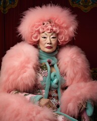 A regal-looking mongolian person in an elaborate pink costume with feathered hat, posing with an air of nobility