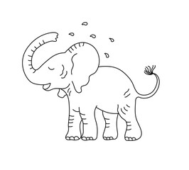 Vector isolated cute cartoon elephant washes with water from the trunk side view colorless black and white contour line easy drawing