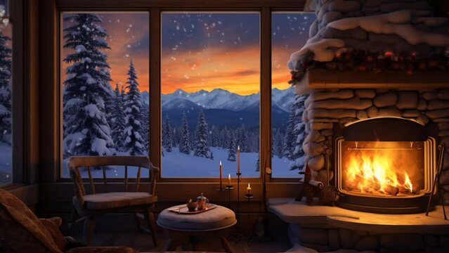 Fireplace lit inside the house in winter. smooth looping time-lapse virtual video background animation. Generated with AI