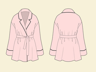 womens dressing gown, bath robe flat sketch vector illustration technical cad drawing template