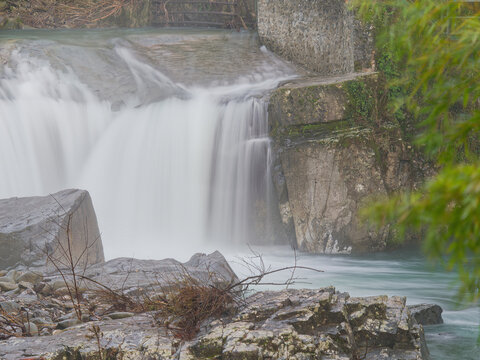 river and waterfall. on  Via Francigena tourist route.in bagnone