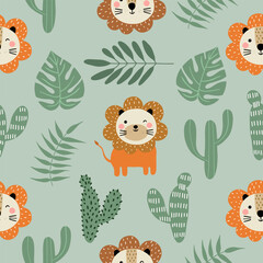 Seamless pattern with cute little lion, cactus and green leaves tropical for your fabric, children textile, nursery decoration, gift wrap paper, kids bedding, baby's shirt. Vector illustration