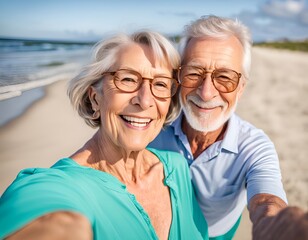 Retired couple enjoying their vacations doing a selfie at the beach