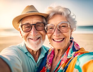 Retired couple enjoying their vacations doing a selfie at the beach