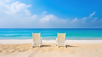Two deck chairs for sunbathing on the beach, sunny beach view, clear sky. blue sky and white clouds