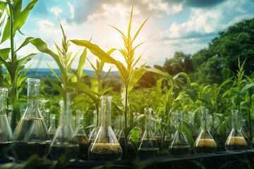 Obraz premium In the biotechnology science laboratory, a beaker and flask stand amidst vibrant green leaves, merging the precision of scientific research with the beauty of nature. Generative AI.