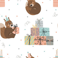 Vector seamless pattern, illustration with cute little squirrels in caps and gifts. Suitable for printing on paper, fabric, scrapbooking or birthday cards.
