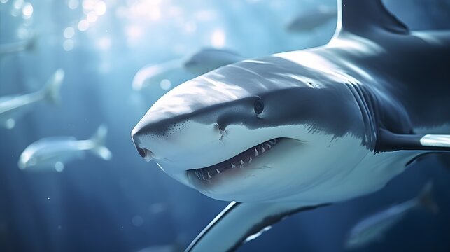 Close-up details of a shark's streamlined body and unique features, background image, generative AI