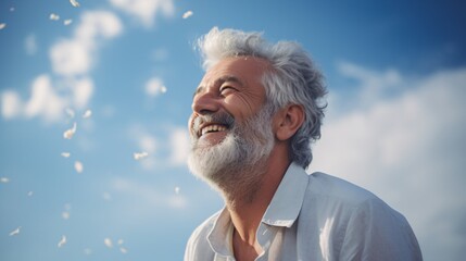 an old man smiling in the sky golden age aesthetics