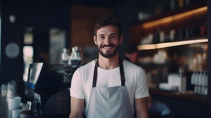 Portrait of a smiling white male Baristas against cozy coffee shop background, background image, generative AI