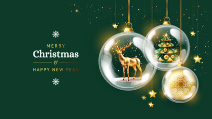 Christmas card background - christmas tree, deer, christmas balls and golden decorations on green background with shining lights - vector illustration