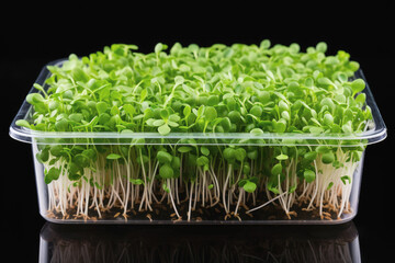 Young sprouts of microgreens in a transparent box on a black background. Isolated