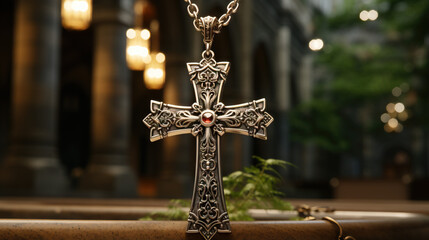 Large Metal Cross on Necklace. Intricate Elegance, Symbolic Reverence, and Spiritual Adornment