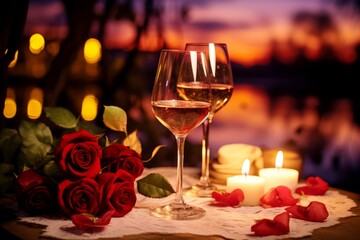 Romantic candlelight table setting with candles, rose, glasses, wine in the night city background. The Ideal Date Night Scene, Perfect for Special Occasions.
