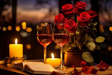 Romantic candlelight table setting with candles, rose, glasses, wine in the night city background. The Ideal Date Night Scene, Perfect for Special Occasions.
