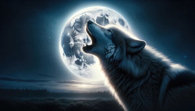 Wolf Howling at Full Moon